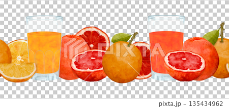 Artistic Watercolor Composition Showcasing Halved And Whole Citrus Fruits With Refreshing Drinks 135434962