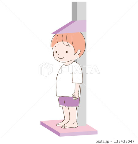 身長計に乗って計測している少年のイラスト 135435047