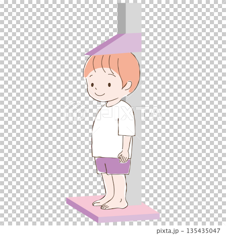 身長計に乗って計測している少年のイラスト 135435047