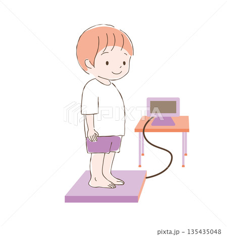 体重計に乗って測定をしている少年のイラスト 135435048
