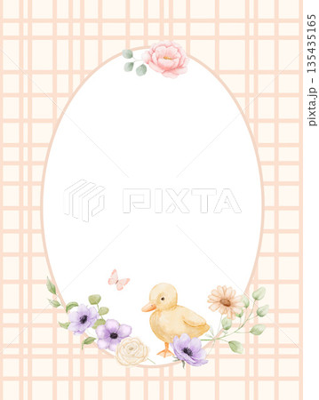 Watercolour checkered frame with spring flowers and cute duckling. Floral template with white background for design in cottagecore style Watercolour checkered frame with spring flowers and cute duckling. Floral template with white background for design in cottagecore style 135435165