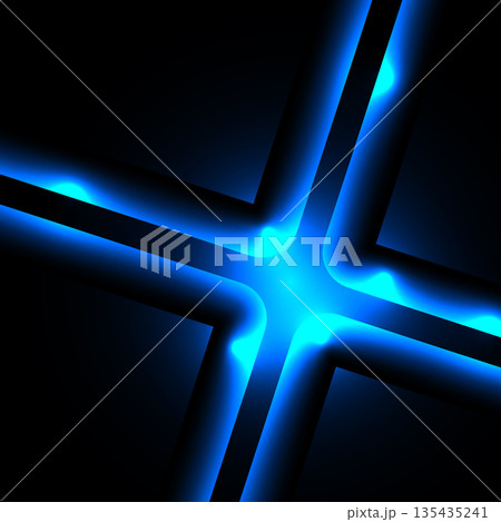 Futuristic neon light lines forming a glowing cross shape over layered black metal textures for cyber tech industry projects and electronic dance music aesthetics 135435241