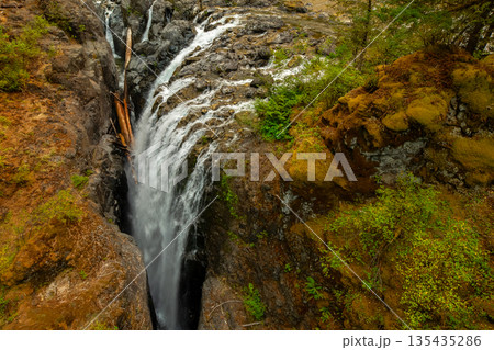 Streams of the rocky waterfall in the river canyon in the forest. Streams of the rocky waterfall in the river canyon in the forest. 135435286