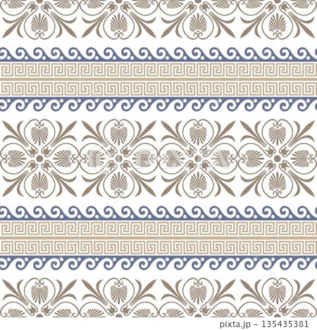Seamless pattern classical Greek motifs stylized acanthus palmette center, key fret border, floral meander. Elegant gold and blue palette. Greek key. Typical egyptian, assyrian, greek border Seamless pattern classical Greek motifs stylized acanthus palmette center, key fret border, floral meander. Elegant gold and blue palette. Greek key. Typical egyptian, assyrian, greek border 135435381