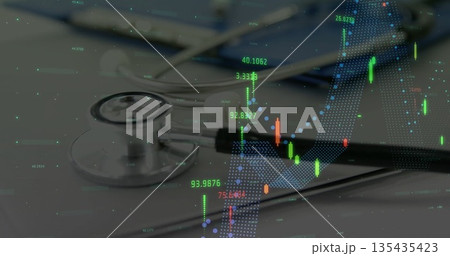 Featuring stethoscope resting on office desk, with laptop keys, candlestick overlays and trend line Featuring stethoscope resting on office desk, with laptop keys, candlestick overlays and trend line 135435423