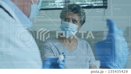 Patient sitting on bench in exam room, with surgical mask, swab, gloves and digital overlays Patient sitting on bench in exam room, with surgical mask, swab, gloves and digital overlays 135435429