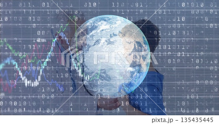 Hugging grandfather and grandson in tech backdrop, with globe, binary code, line charts, copy space Hugging grandfather and grandson in tech backdrop, with globe, binary code, line charts, copy space 135435445