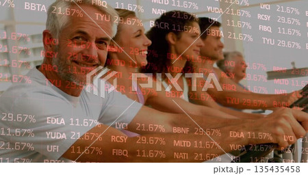 Pedaling six adults gripping cardio machines at gym, showing translucent stock market overlay Pedaling six adults gripping cardio machines at gym, showing translucent stock market overlay 135435458