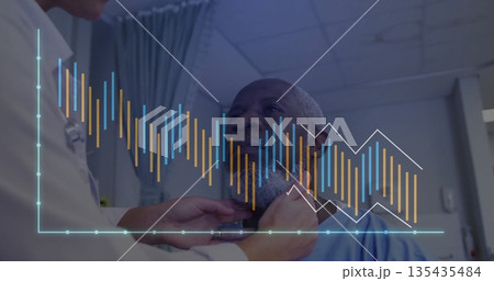 Examining clinician placing hands on patient neck in hospital exam room, with digital chart overlay 135435484