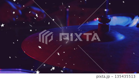 Drum cymbal glowing under red and blue music stage lights with stand, felt-washer bolt, star lights Drum cymbal glowing under red and blue music stage lights with stand, felt-washer bolt, star lights 135435513