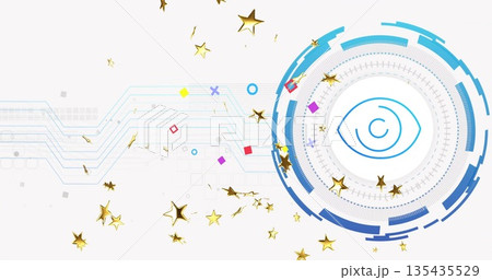 Showing interface holding blue eye icon on right canvas, with gold stars, circuit lines, copy space Showing interface holding blue eye icon on right canvas, with gold stars, circuit lines, copy space 135435529