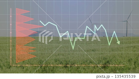 Standing wind turbines in crop field, grid overlay, turquoise line graph, red fan chart, copy space 135435539