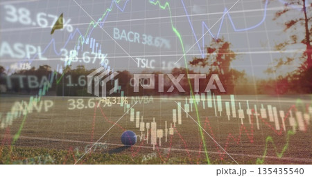 Financial candlestick bars and line graphs overlaying grass field at dawn, with small blue ball Financial candlestick bars and line graphs overlaying grass field at dawn, with small blue ball 135435540