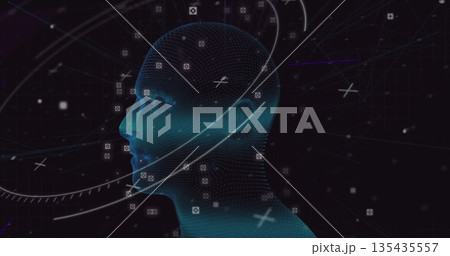 Representing dot-matrix wireframe head glowing in digital void, with data icons and plus symbols Representing dot-matrix wireframe head glowing in digital void, with data icons and plus symbols 135435557