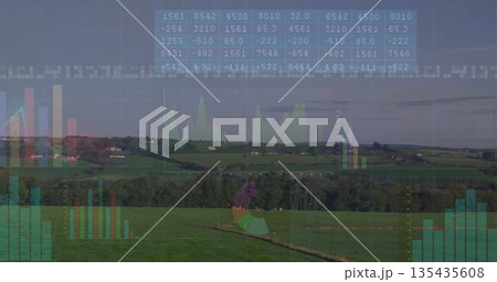Overlaying rolling fields and hedgerows in rural landscape, with bar chart and line graph overlays 135435608