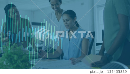 Reviewing four businesswomen examining blueprints at table in modern office, with bar-chart overlay Reviewing four businesswomen examining blueprints at table in modern office, with bar-chart overlay 135435889