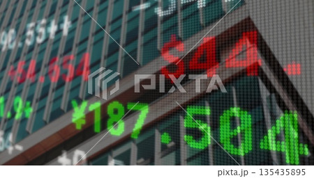 Overlaying stock ticker scrolling across high-rise glass and metal facade with green red numerals 135435895