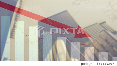 Large red downward arrow spanning urban skyline, with skyscrapers bar chart columns and line graph 135435897