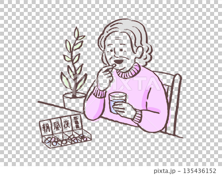 にこやかに薬を服用する高齢者のイラスト お薬ケースで飲み忘れ防止 にこやかに薬を服用する高齢者のイラスト お薬ケースで飲み忘れ防止 135436152