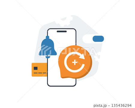 Subscription renewal mobile app reminds users to extend plan with notification bell. Subscription auto renewal, billing cycle and membership extension in digital service workflow vector illustration 135436294