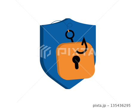 Cyber security shield with lock and hook warns about phishing, data protection, privacy risk, safe access and online safety for business and users in digital environment vector illustration and icons 135436295