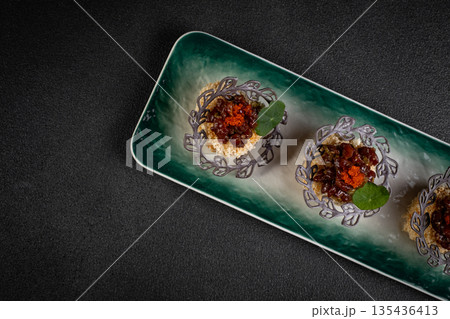 Cheese fried balls or croquettes with potatoes or rice. Snacks, fast food, junk food 135436413