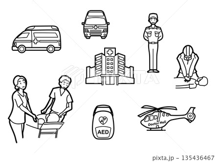 イラスト素材: 医療と救急対応の線画イラストセット 135436467