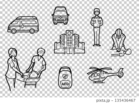 イラスト素材: 医療と救急対応の線画イラストセット 135436467