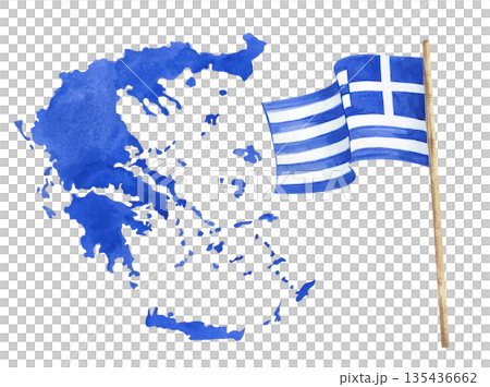 Watercolor composition with the silhouette of the country and the striped flag of Greece. Watercolor set on an isolated background. Realistic clipart for commemorative albums, travel booklets 135436662