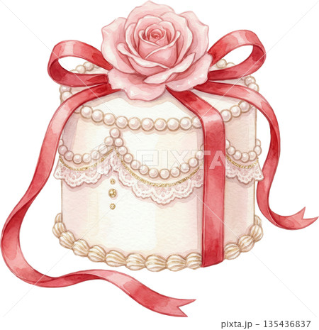 Elegant white cake adorned with a pink rose and red ribbon 135436837