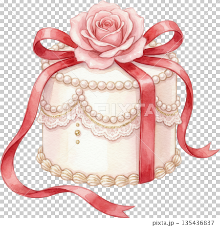 Elegant white cake adorned with a pink rose and red ribbon 135436837