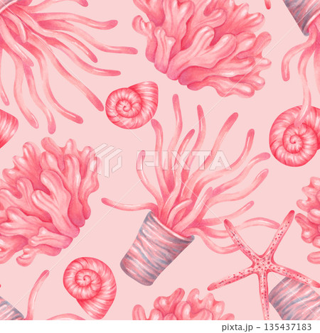 Seamless pattern with corals, spiral shells and starfish. Watercolor and marker illustration. Isolated hand drawn peach background. Marine animals for textiles, wallpaper and fabric, summer project. 135437183