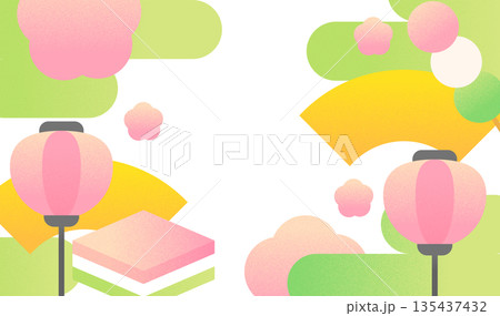 ひな祭りの背景素材　菱餅と梅とぼんぼりのレトロなフラットイラスト 135437432