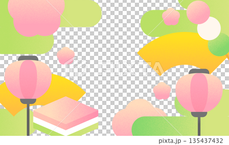 ひな祭りの背景素材　菱餅と梅とぼんぼりのレトロなフラットイラスト 135437432