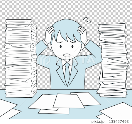 仕事に追われ書類が山積みの会社員 135437498