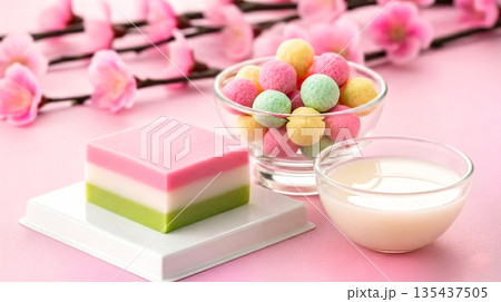 ひな祭り 菱餅とひなあられと甘酒 桃の花を添えた桃の節句のイメージ素材 3月の伝統行事 和菓子 135437505