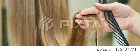 Close-up of caucasian female hairstylist cutting long blonde hair with scissors 135437771