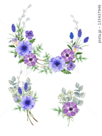 ブルーのアネモネとムスカリの水彩ボタニカルリースとミニブーケのセット 135437946