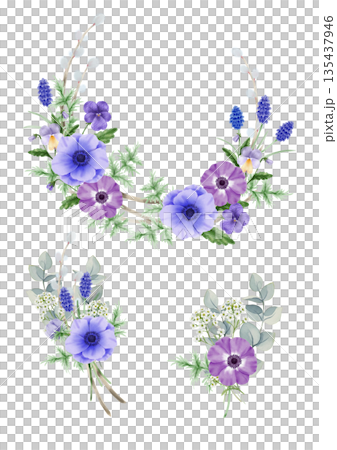 ブルーのアネモネとムスカリの水彩ボタニカルリースとミニブーケのセット 135437946