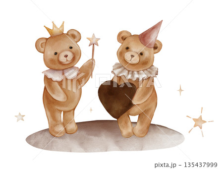 Horizontal composition two Cute Teddy Bears in festive cap and crown Holding beige Heart stands on the ground and stars . Hand drawn watercolor illustration for Baby shower invitations, card 135437999