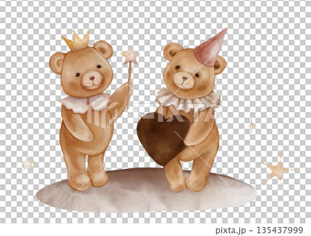 Horizontal composition two Cute Teddy Bears in festive cap and crown Holding beige Heart stands on the ground and stars . Hand drawn watercolor illustration for Baby shower invitations, card 135437999