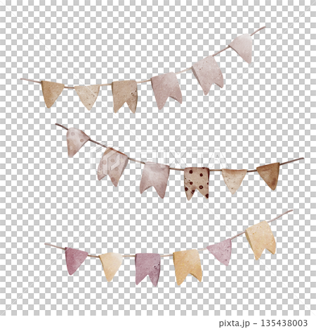 Set of Harvest Festival Decorations and Invitations or Happy Birthday. Drawing of Garland with flags Banner for kids celebration. String with muted beige colors. Hand drawn watercolor illustration. Set of Harvest Festival Decorations and Invitations or Happy Birthday. Drawing of Garland with flags Banner for kids celebration. String with muted beige colors. Hand drawn watercolor illustration. 135438003
