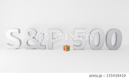 S and P 500 index symbol. Wooden blocks displaying S and P 500 and directional arrows indicating market trends with green and red symbols. On a table with a white background. 3d rendering 135438410