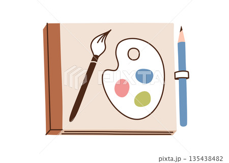 Doodle sketchbook with pencil, vector flat cartoon illustration in naive style. Drawing album for creativity and learning, art practice and hobbies, kids education, planners, stationery, posters Doodle sketchbook with pencil, vector flat cartoon illustration in naive style. Drawing album for creativity and learning, art practice and hobbies, kids education, planners, stationery, posters 135438482