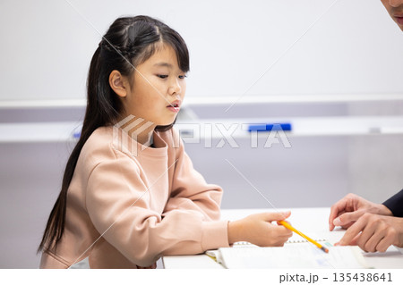 勉強する小学生の女の子の横顔 135438641