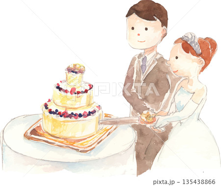 ウェディングケーキをカットする新郎新婦　ベクター 135438866