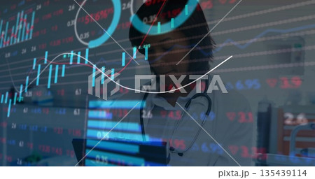 Analyzing doctor interpreting financial data overlay in clinic, with tablet device and stethoscope Analyzing doctor interpreting financial data overlay in clinic, with tablet device and stethoscope 135439114