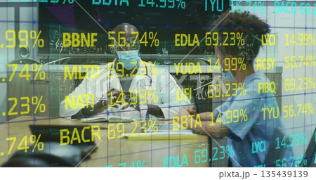 Doctor in lab coat writing notes with stethoscope, patient listening in clinic, percentage overlays Doctor in lab coat writing notes with stethoscope, patient listening in clinic, percentage overlays 135439139