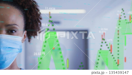 Analyzing healthcare worker in scrubs and mask monitoring candlestick charts in hallway, copy space Analyzing healthcare worker in scrubs and mask monitoring candlestick charts in hallway, copy space 135439147
