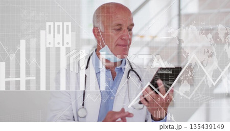 Doctor wearing lab coat, stethoscope and mask tapping smartphone screen in clinic, digital overlays Doctor wearing lab coat, stethoscope and mask tapping smartphone screen in clinic, digital overlays 135439149